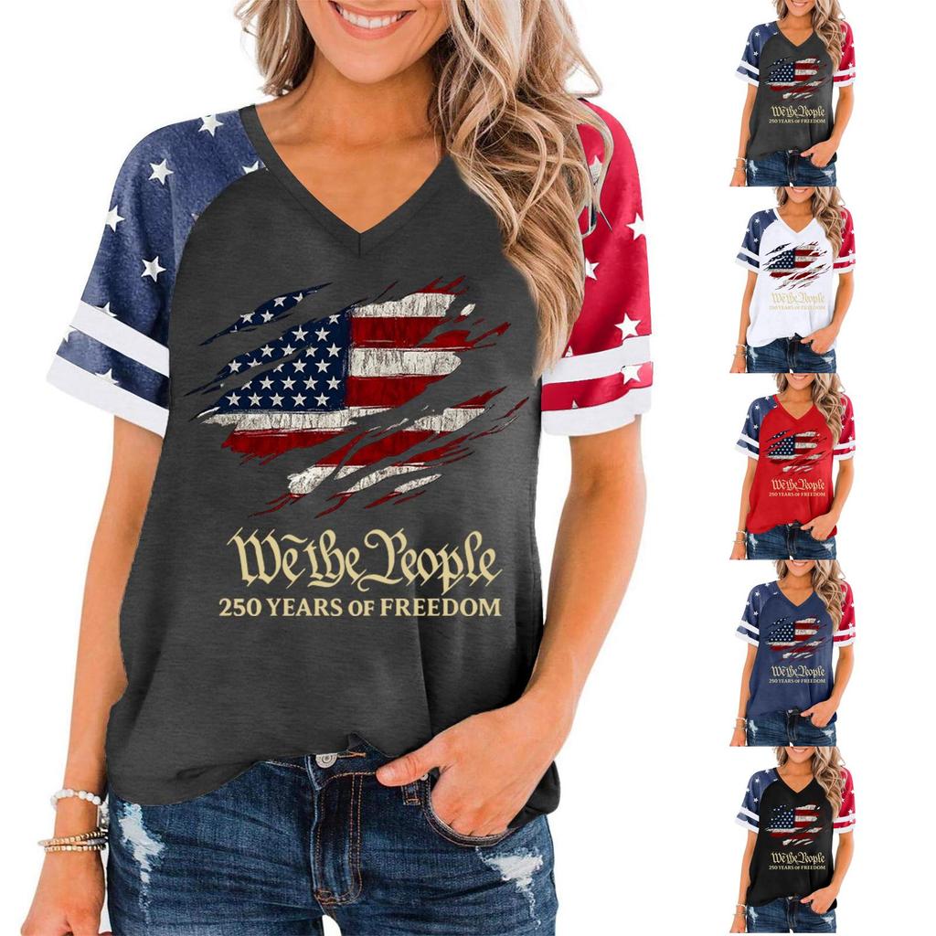Top pullover da donna con scollo a V e maniche corte con stampa grafica We The 250 Years of Flag