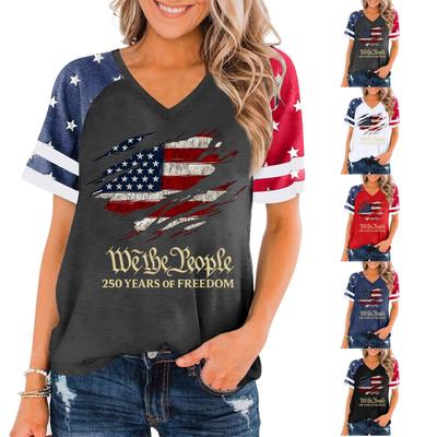 Ladies Casual V Neck Short Sleeve Pullover T Shirt Patriotic Print Top 250 Years of Freedom Graphic Tee Lightweight Relaxed Fit