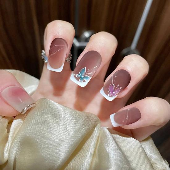 24Pcs Butterfly Fake Nails French Square Long Nail Extension Removable Home Salon Women Girls Full Cover Plastic Press on Nails Kit