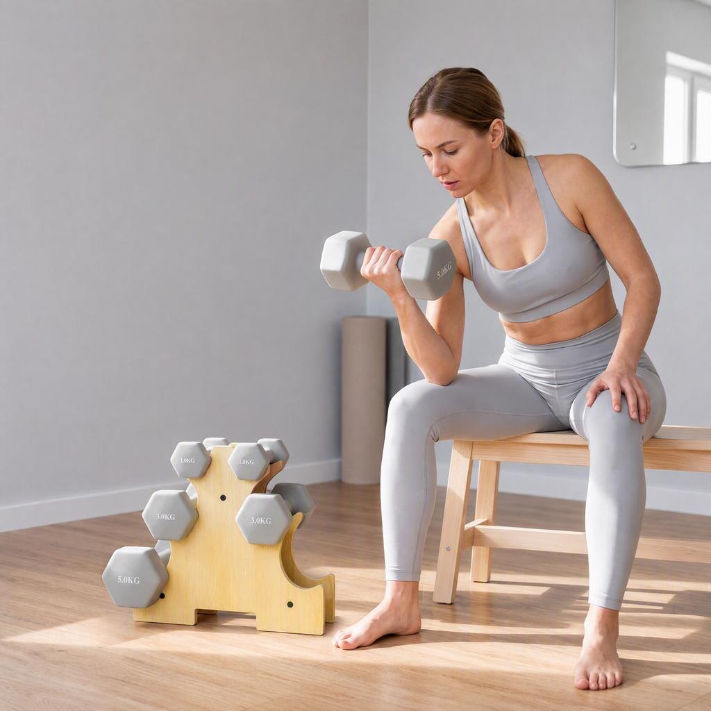 Dumbbell Set 3 Pairs 1kg 3kg 5kg Dumbbells with Wooden Stand, Non-Slip Grip, Cast Iron Hexagon Light Gray