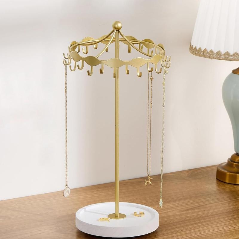 Iron Jewelry Display Stand with a Rotatable Upper Frame, Multiple Hanging Positions, and a Round Tray for Dresser Storage and Presentation