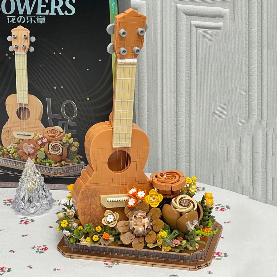 Plastic Flowers Electric Guitar Ukulele Building Blocks Assembly Toys For Kids Adults Desktop Ornament Gifts Items