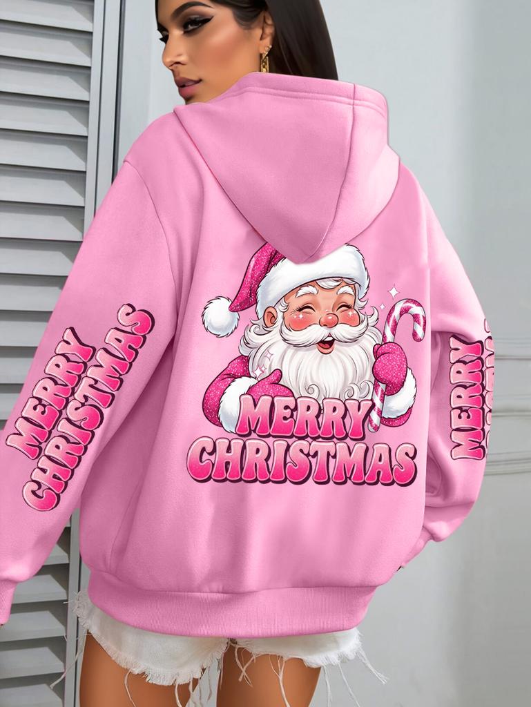 Merry Christmas Pink Santa Claus Printed Hoodies Women Pocket Fleece Hoodie Autumn Multicolor Sportswear Hip Hop Loose Clothes