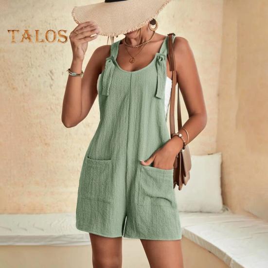 Macacão Feminino Sem Mangas Verão Casual Macacão Curto Solto de Algodão com Bolsos Roupas de Praia para Viagem Férias