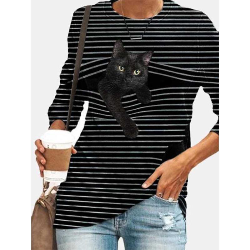 3D Cat Printed T-shirts Fashionable Casual Long Sleeved Women's T-shirts - Soft Medium Stretch Polyester Fabric Spring and Autumn Relaxed Fit Clothing
