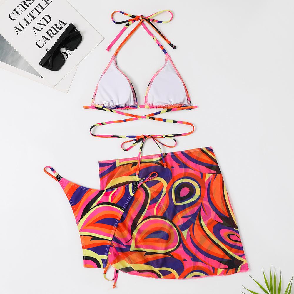 2023 Women's European and American Printed Three-Piece Lace-Up Bikini Swimsuit