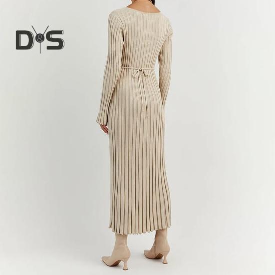Fall Winter Women Dress V Neck Threa Loose Long Sleeves Solid Color Knitted Slim Waist Maxi Dress Stretchy Casual Dating Commuting Dress