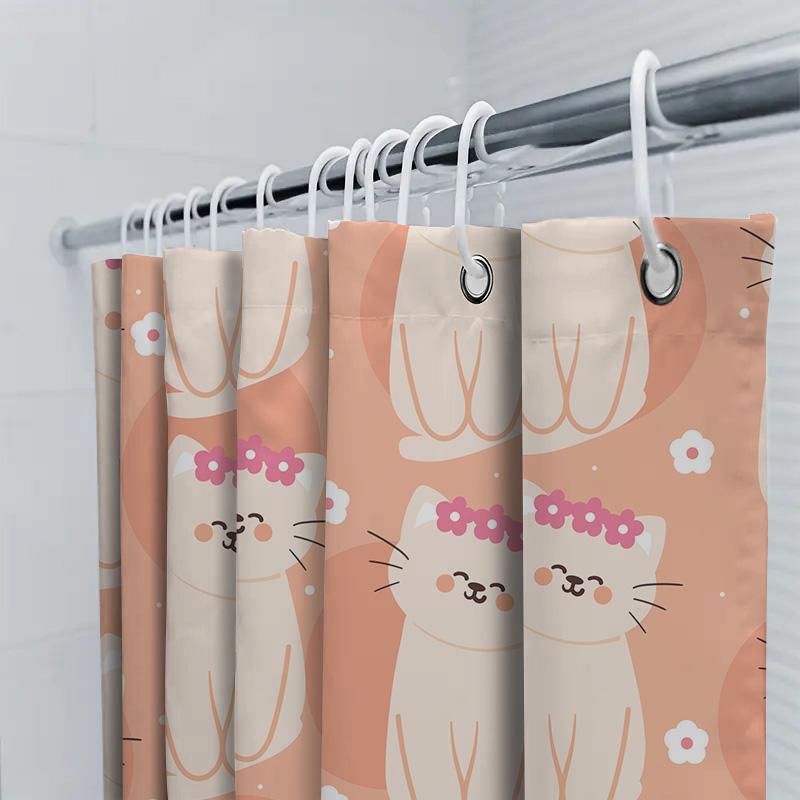 Adorable Cat Print Shower Curtain For Bathroom Decor Pink Floral Pattern High Quality Fabric Size: 72 X 84 Inches (180Cm X 210Cm