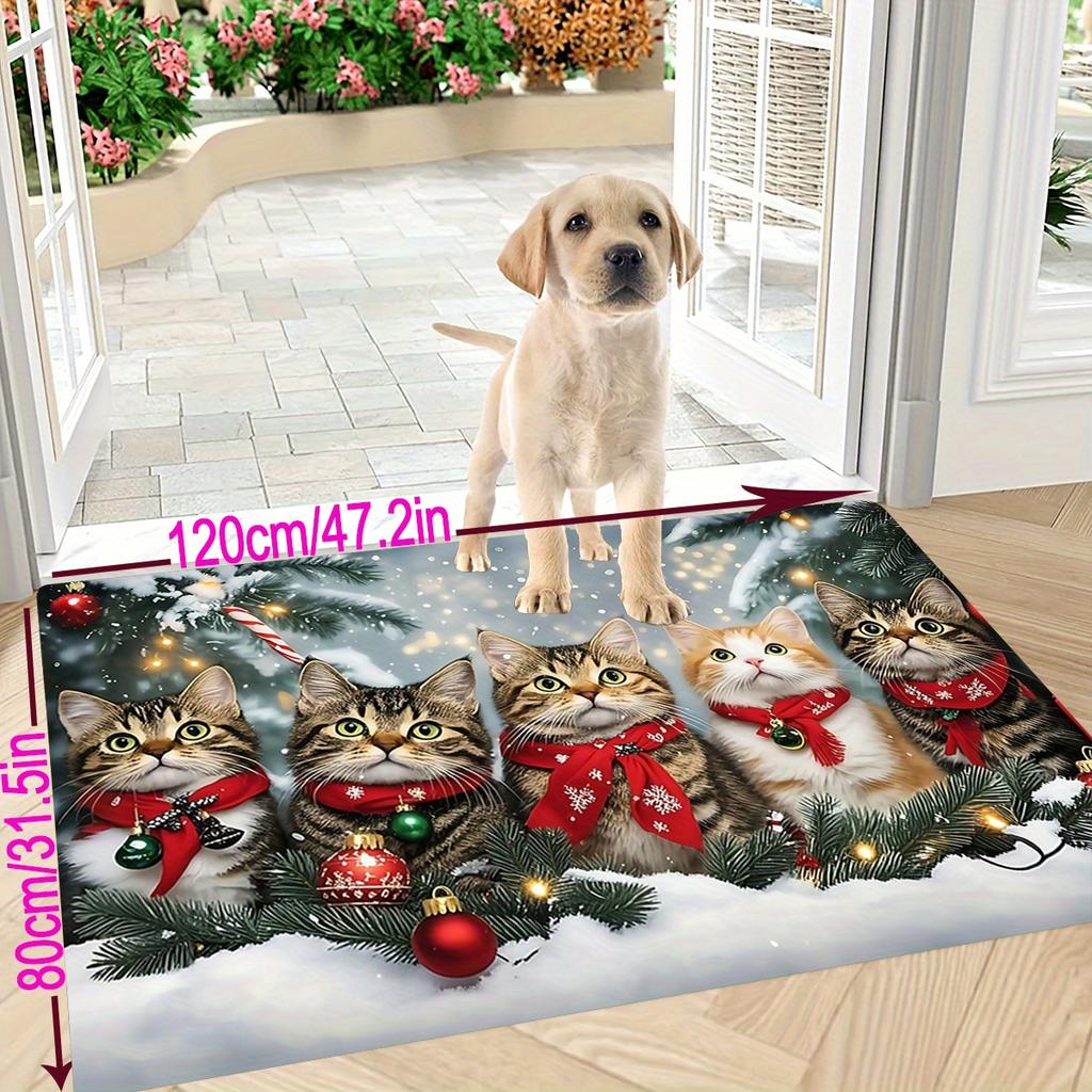 Christmas Doormat with 5 Cats In Red Scarves On Snowy Pine Branches, Festive Pet Lover Holiday Mat, Indoor  Non-Slip Welcome Rug