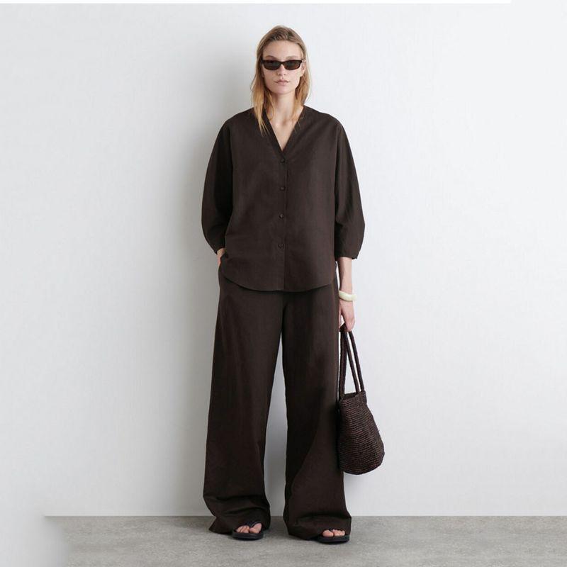 

C Women clothes Summer New Casual V-neck Lazy Single-Breasted Simple Linen Blend Shirts Commuter Straight Long Brown pants XS(34)
