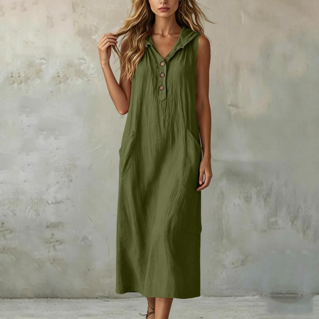 Women's Fashion Color Hooded Buttoned Pocket Sleeveless Casual Loose Dress