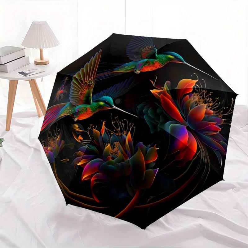 

1pc Colorful Hummingbirds in Flight Pattern Beautiful Looking Automatic Folding Umbrella, 3 Folding, 8 Iron Frame Design, Durable and Suitable fo