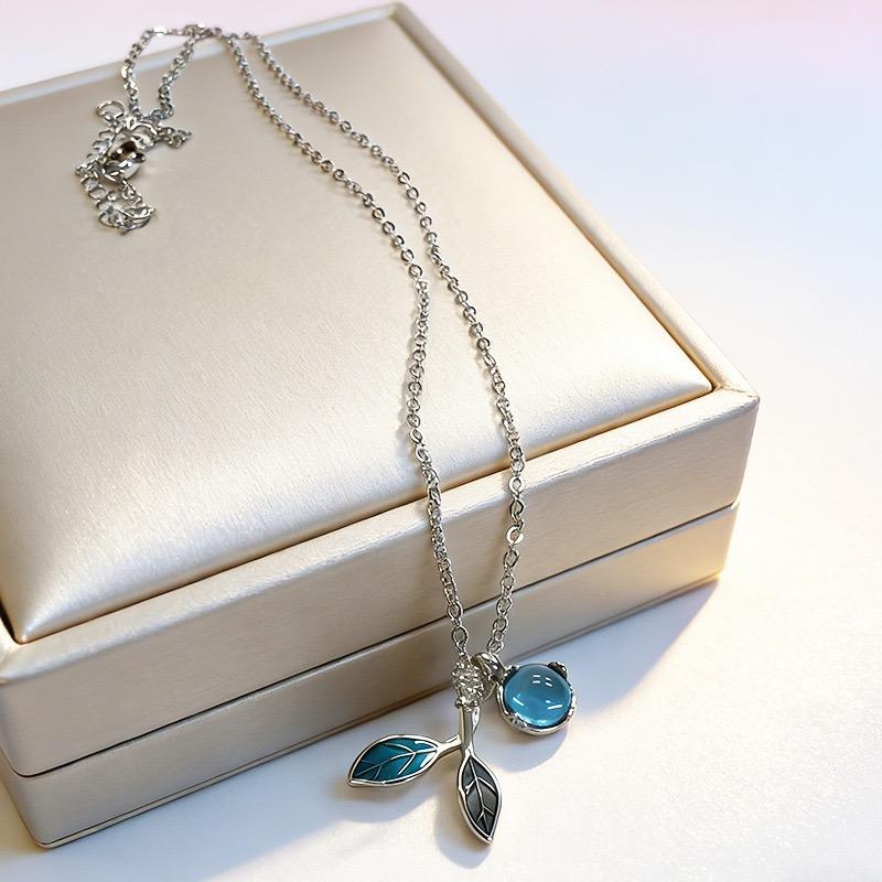 S925 Sterling Silver Necklaces For Women Simple Minimalist Pendant Necklaces Blue Leaf Moon Stone Chain Necklace Birthday Gift