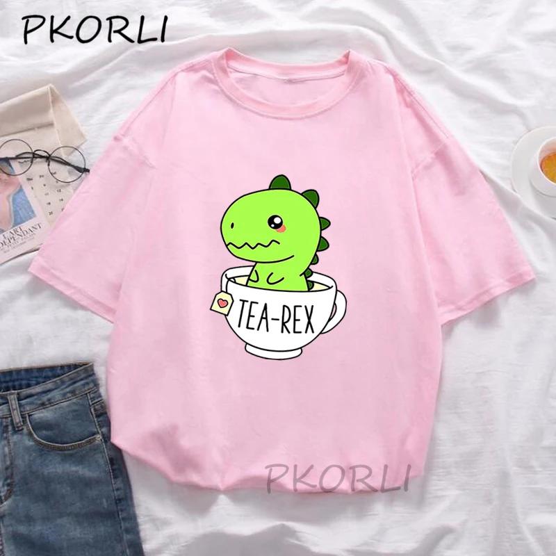 Cute Tea-Rex T-Shirt Women Funny Cartoon Dinosaur T Shirt Female Cotton Short Sleeve Kawaii Clothes Dino Tea Graphic Tee Shirt