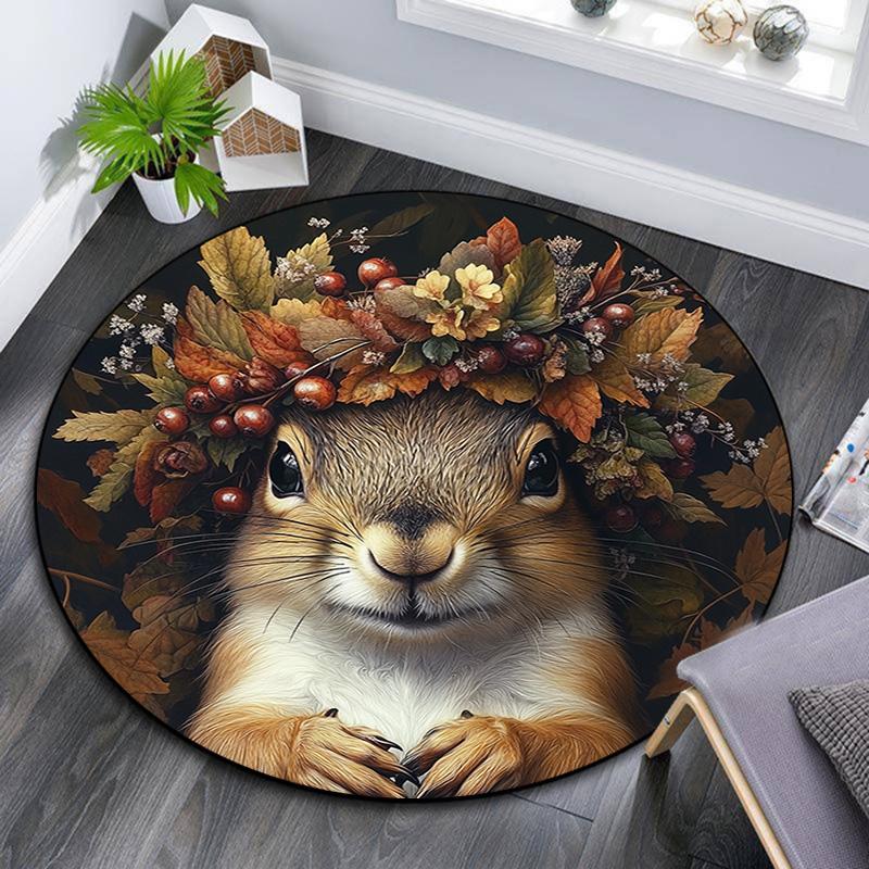 Herbst-Eichhörnchen Runder Teppich, Teppich für Wohnzimmer Schlafzimmer Sofa Spielzimmer Dekor, Rutschfeste Fußmatte