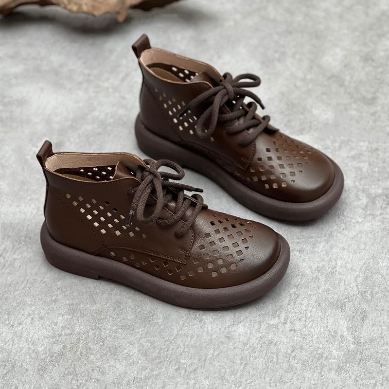 Johnature Yaz Sandalet Hakiki Deri Retro Nefes Hollow-out Çizmeler Yuvarlak Ayak Bağcıklı El Yapımı Kadın Ayakkabı