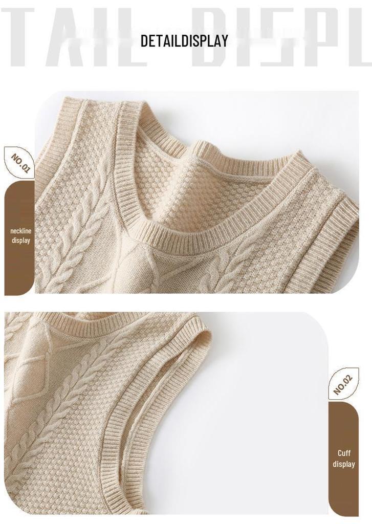 2023 Round Neck Wool Chunky Knit Sleeveless Cropped Cardigan Vest