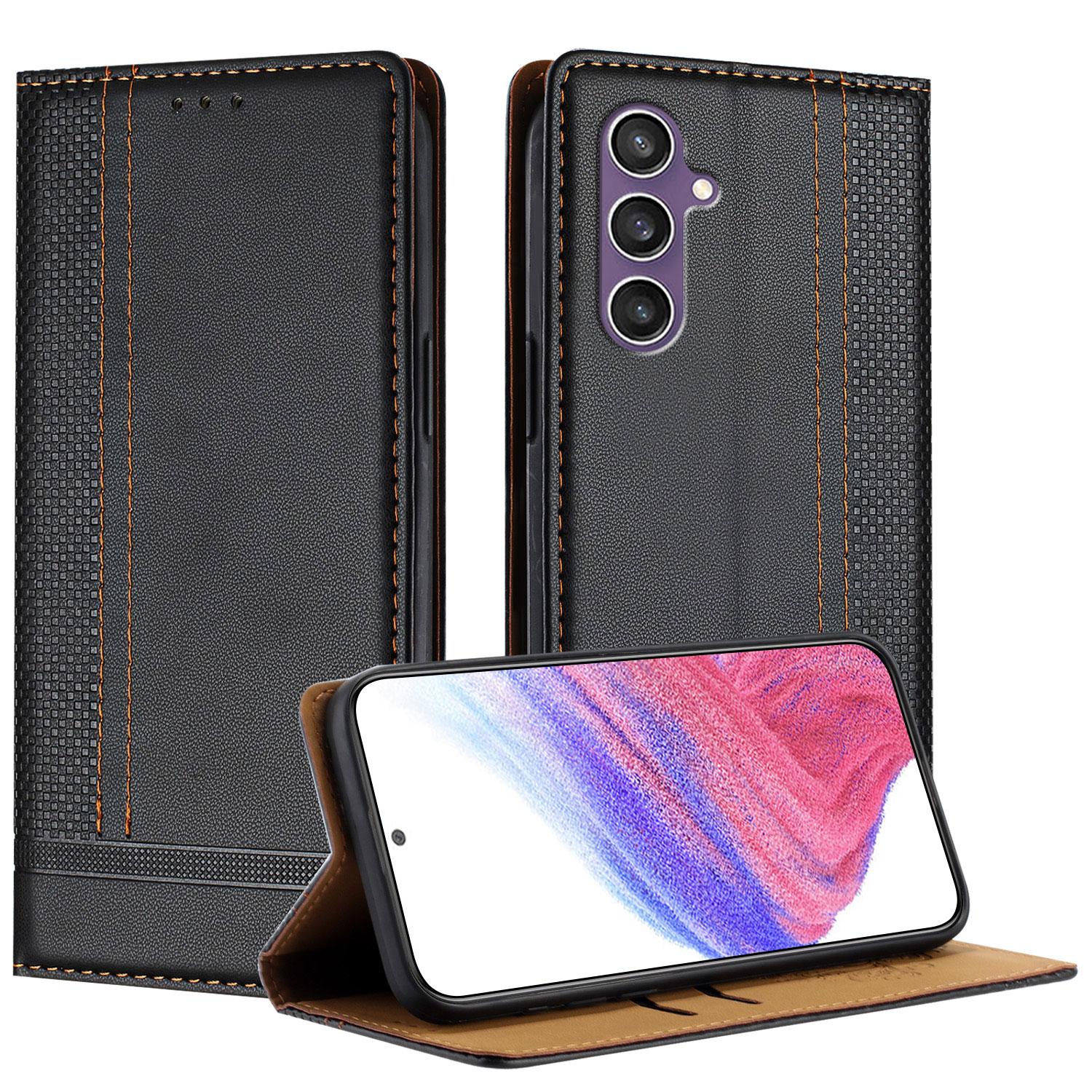 

For Samsung Galaxy S23 FE Case L-Shaped Grid Pattern Leather Stand Phone Cover with Card Slots Black