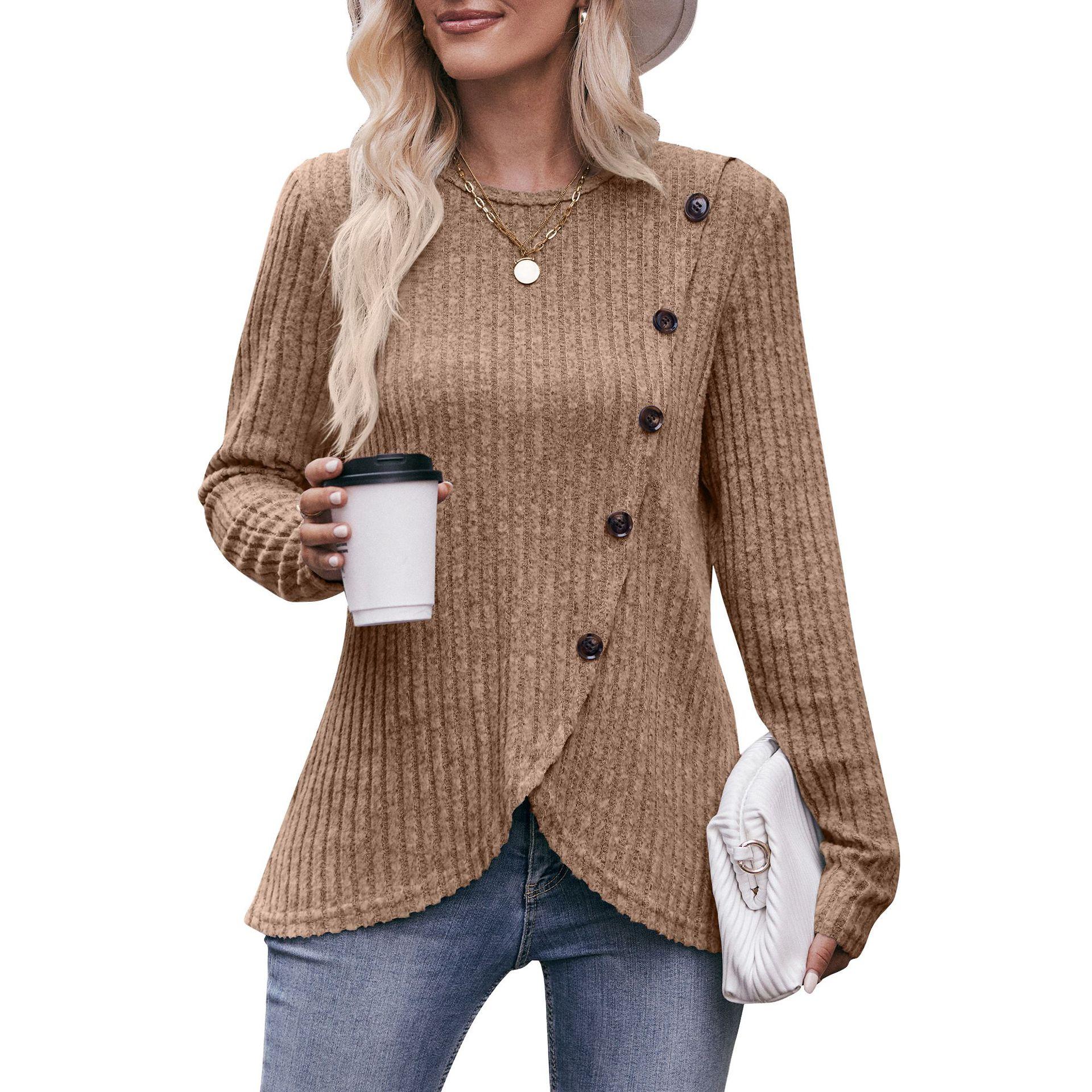 

YYFS Женская мода Повседневная весна-осень Однотонные принты Длинные рукава О-образный вырез Блузки и рубашки XXL верблюд