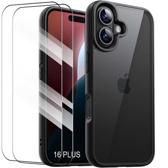 Coque + 2 Verres Trempés pour iPhone 16 Plus - Coque Antichoc Rigide Noir avec Dos Translucide