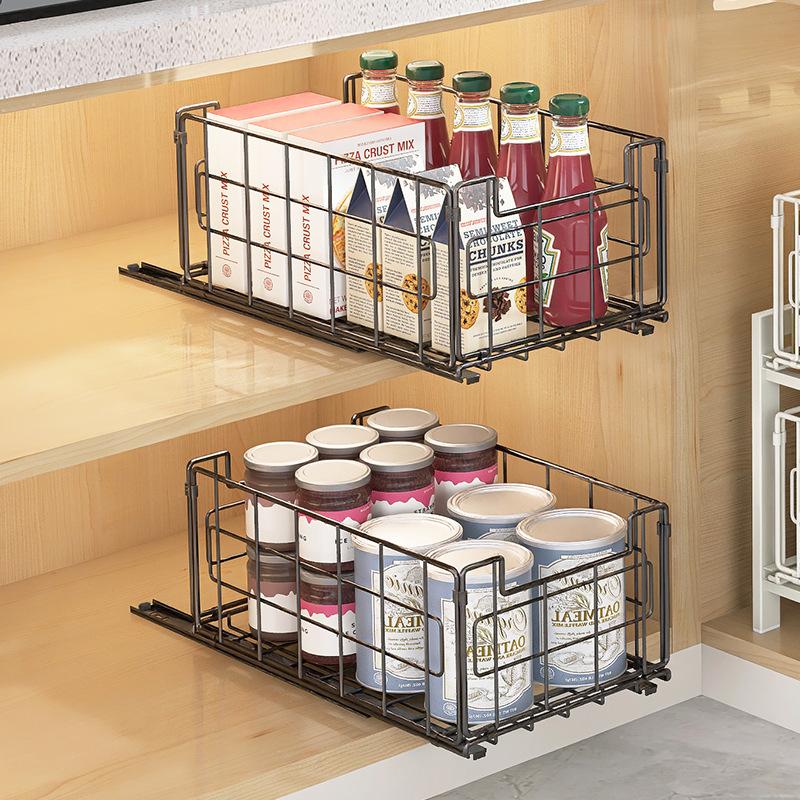 Kitchen deep cabinet drawer pull basket multi-functional non-punching household drawer rack foldable pull-out rack