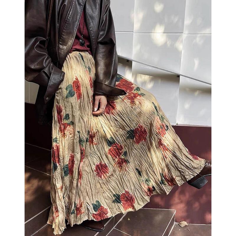 

Spring Retro Oil Painting Print Pleated A-Line Midi Skirt M