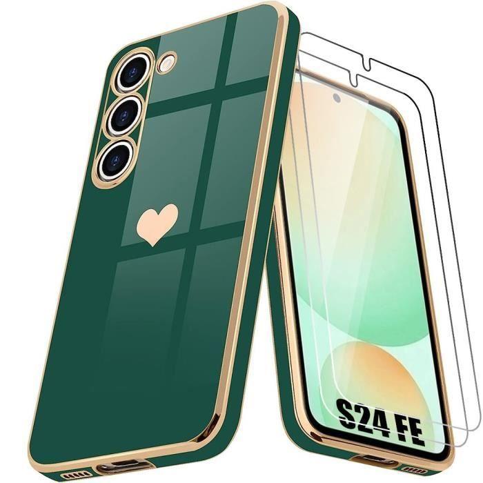 Coque pour Samsung Galaxy S24 FE (pas pour S24), Silicone Vert Nuit avec Motif Cœur, Protection Antichoc + 2 Verres Trempés