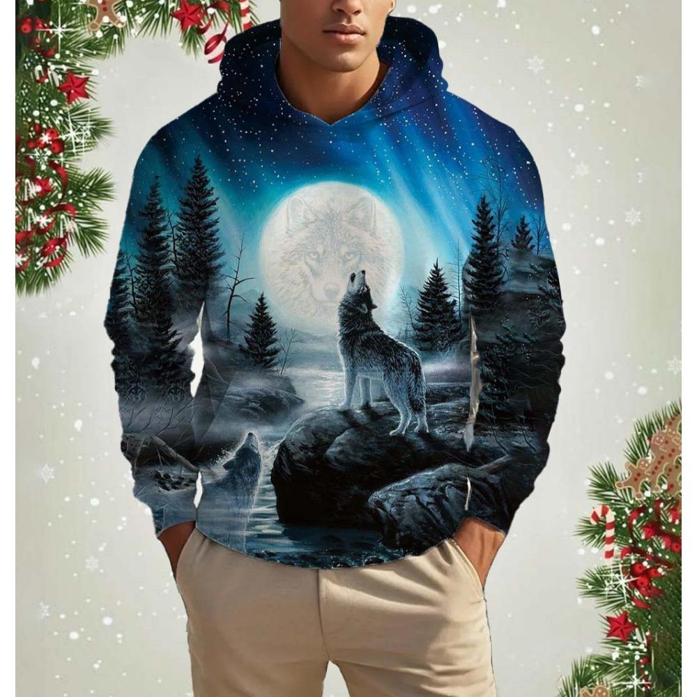 Men's Hooded Fashion Animal Wolf 3D Print Hoodies Top Spring Autumn Fashion Casual Long Sleeved Pullover Oversized Sweatshirts
