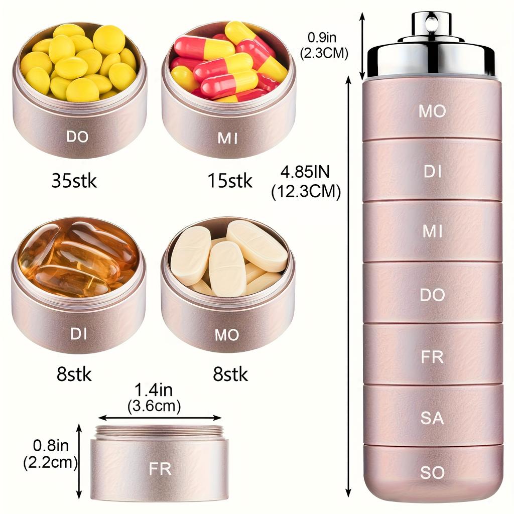 [German printing]Metal Travel Pill Organizer, Portable 7 Day Vitamin Organizer Stackable, Waterproof 1 Times A Day Pill Box