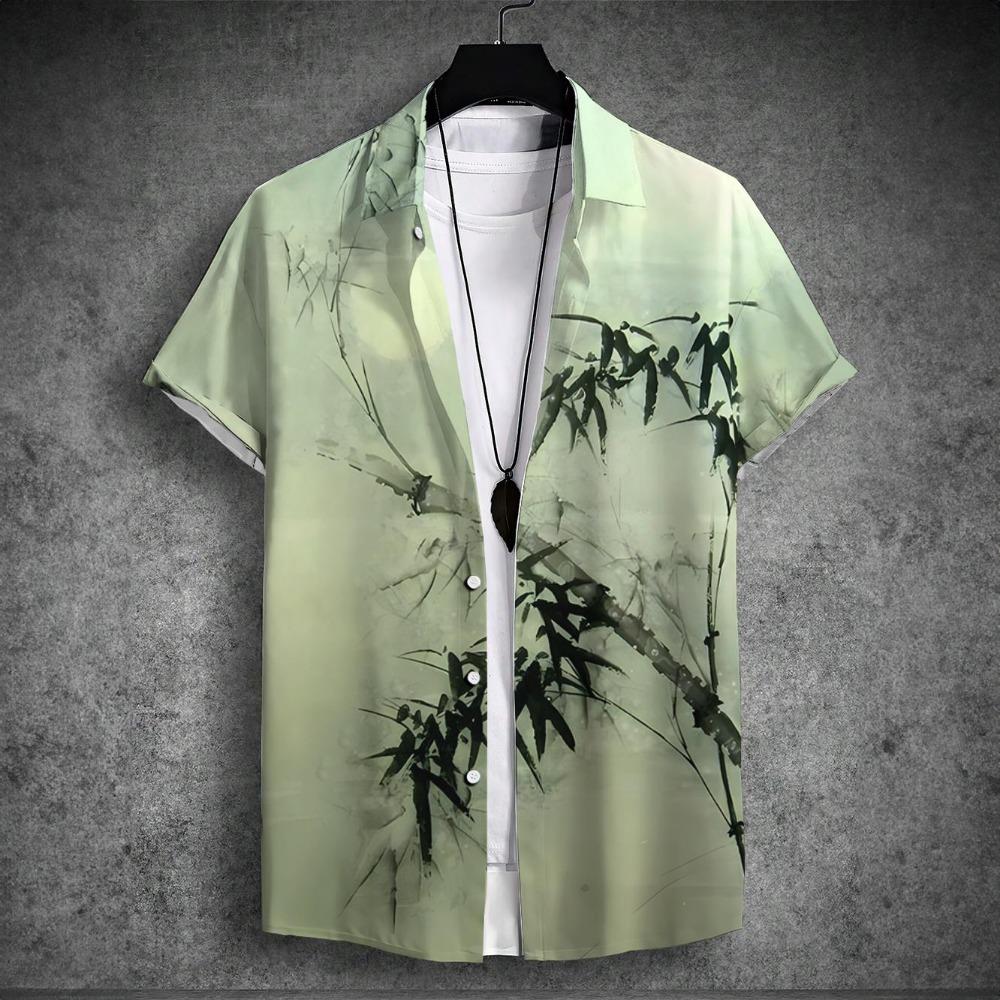 New Men's Short Sleeved Shirt with Chinese Printed Men's Hawaiian Collar Top, Plus Size Casual and Comfortable Men's Shirt