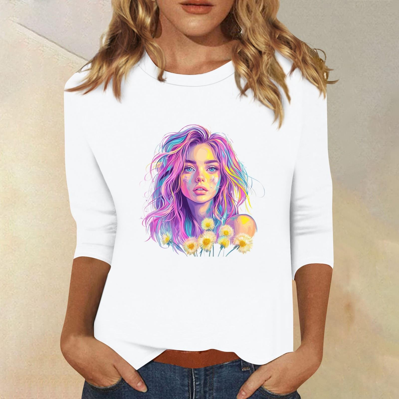 

Топи з рукавами 3/4 для жінок Футболка Повсякденні топи з принтом Футболка з круглим вирізом Пуловер Блуза XL білий