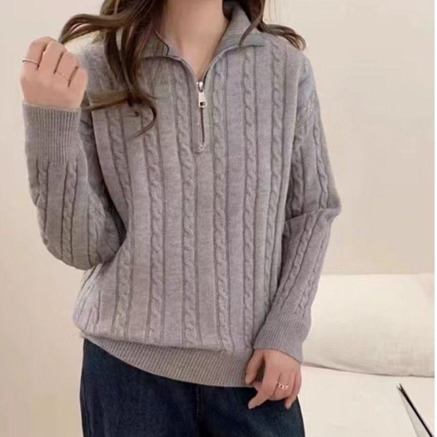 

Вышитый вязаный свитер с маленькой лошадкой, повседневный и универсальный свитер крупной вязки с высоким воротом на полумолнии для женщин one size серый