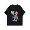 Women Casual T Shirt Black Colorful Patchwork Bear With Heart And Needles Print For Daily Wear And Fashion Outfits