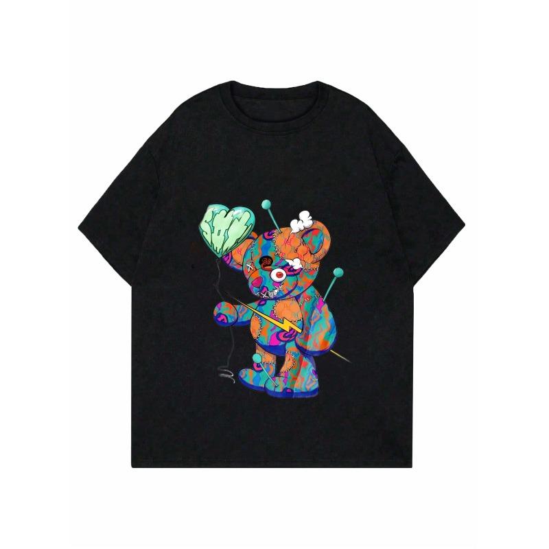 Women Casual T Shirt Black Colorful Patchwork Bear With Heart And Needles Print For Daily Wear And Fashion Outfits