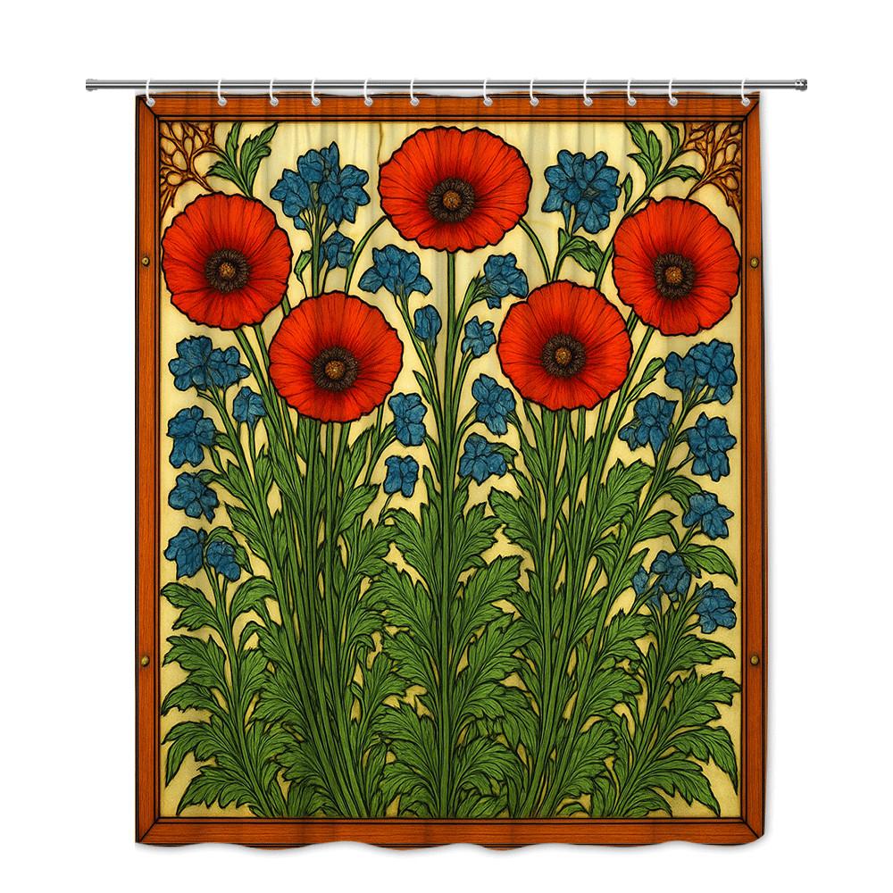 Art Nouveau Floral Shower Curtain Red Poppies And Blue Flowers Vintage Botanical Design Elegant Bathroom Decor Waterproof