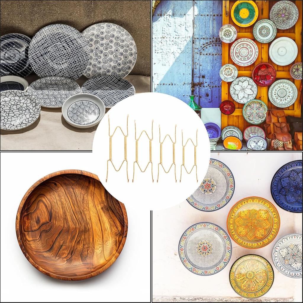 4Pcs Plate Hangers for Walls, 6/8/10/12 Inch Stainless Steel W-Shaped Gold Plate Hooks Vertical Dish Holder Display Wall Mount for Antique Arts