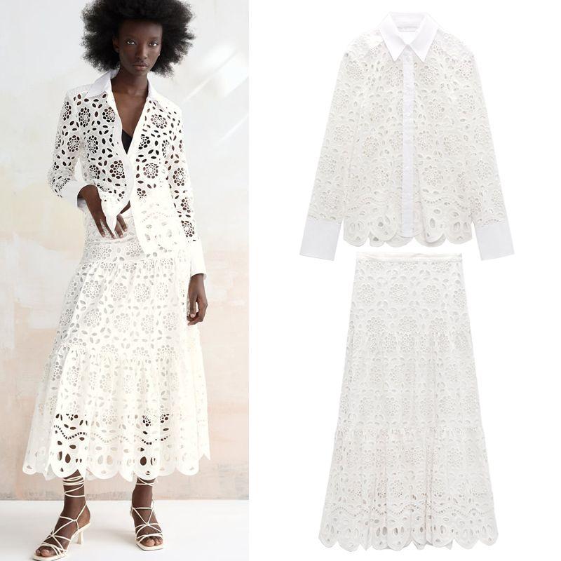 Spring Cut-out White Shirt with Slim Looking High Waist Embroidery