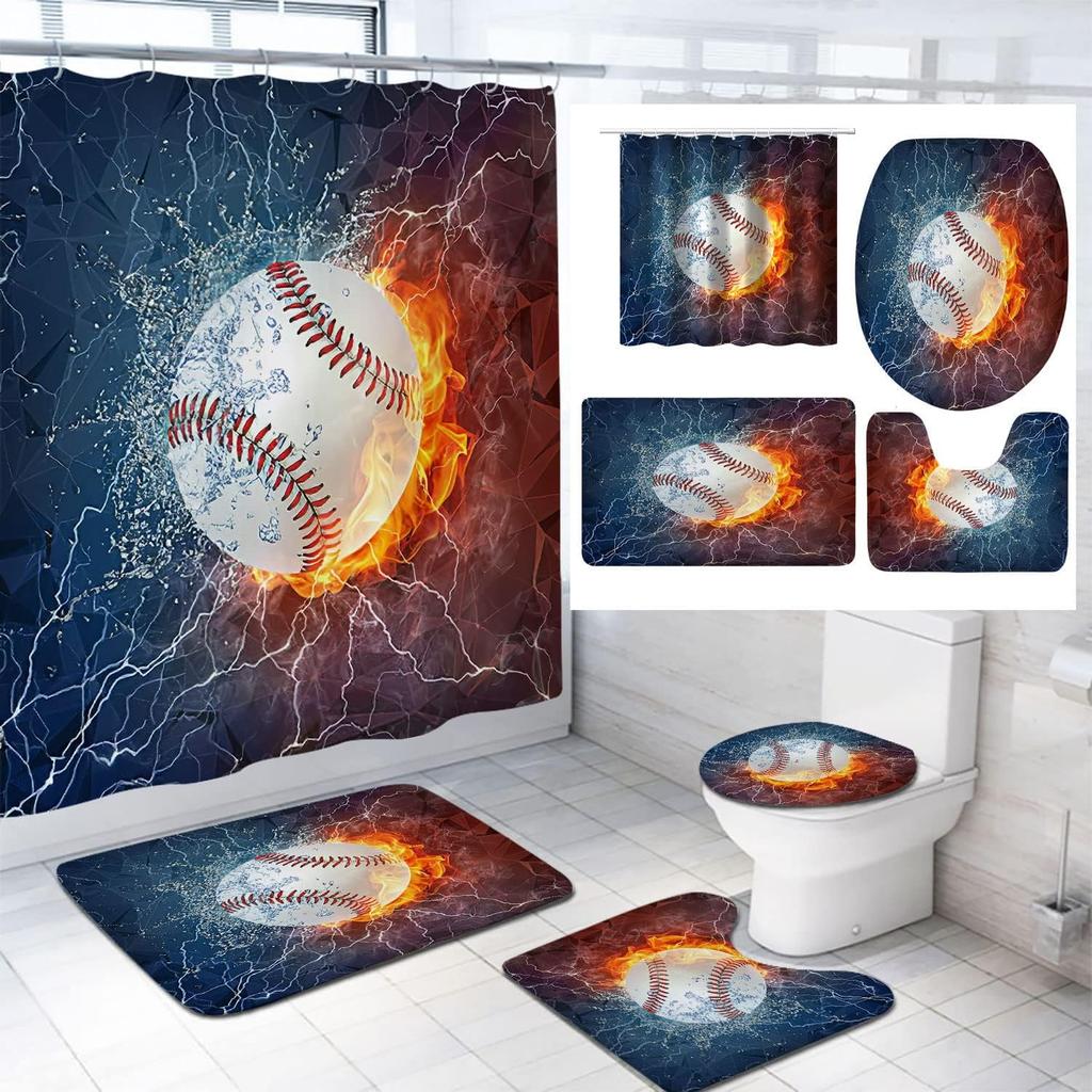 Sport Game Fabric Shower Curtain Set Cool Basketball Soccer Volleyball Rugby Baseball Graffiti Sports Theme Bathroom Set Decor