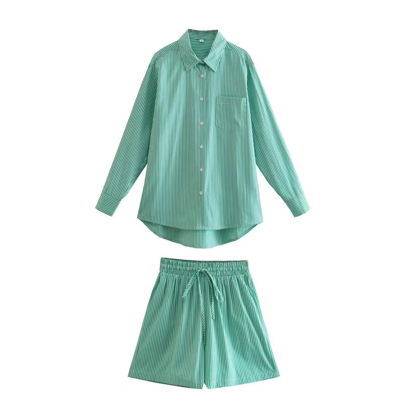 Spring New Women's Clothing Casual Style Lapel Long Sleeves Stripes Shirt 1209140 Loose Stripes Shorts