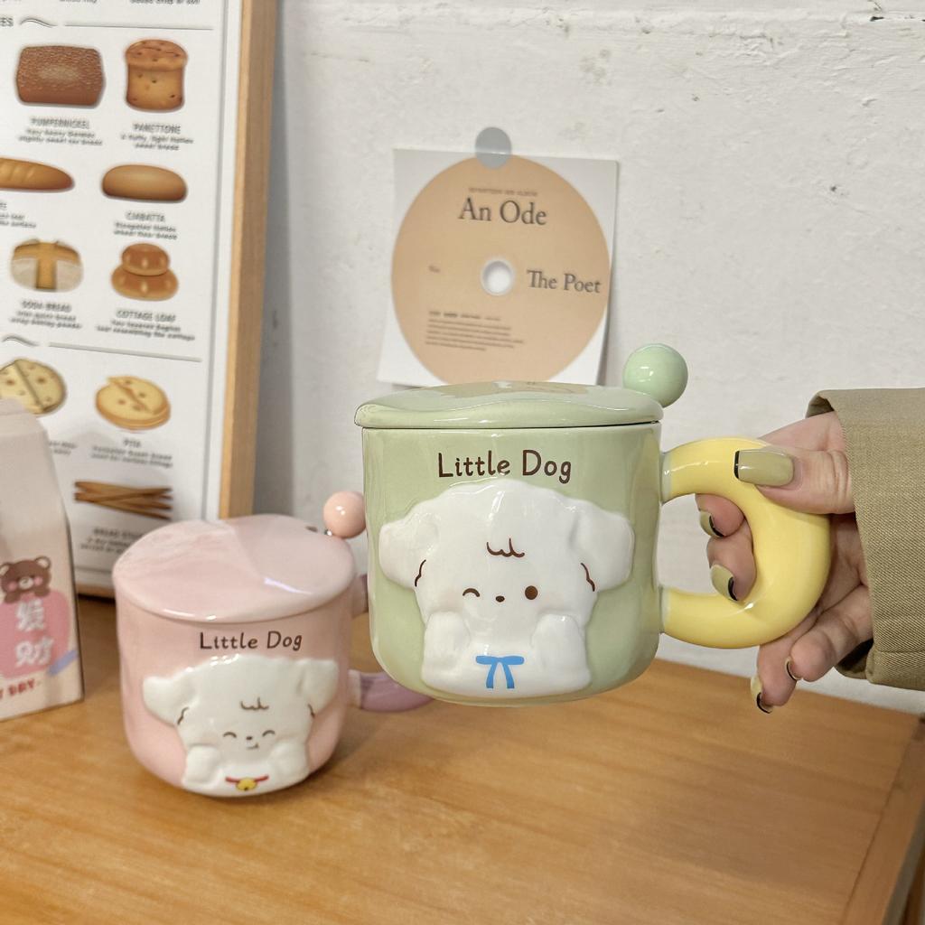 Puppy Mug with Lid Spoon Cute High Looking Couple Water Cup for Girls Home Creative Ceramic Cup Souvenir