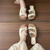 Bow flat bottom one-word slippers 2025 summer new French square head versatile fairy style sandals summer wear