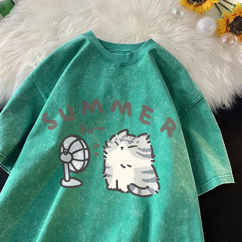 American Street Creative Blow Fan Cat Pure Cotton T-shirt Men Women Summer Relaxed Short Sleeve Couple Vintage Water Washing Top