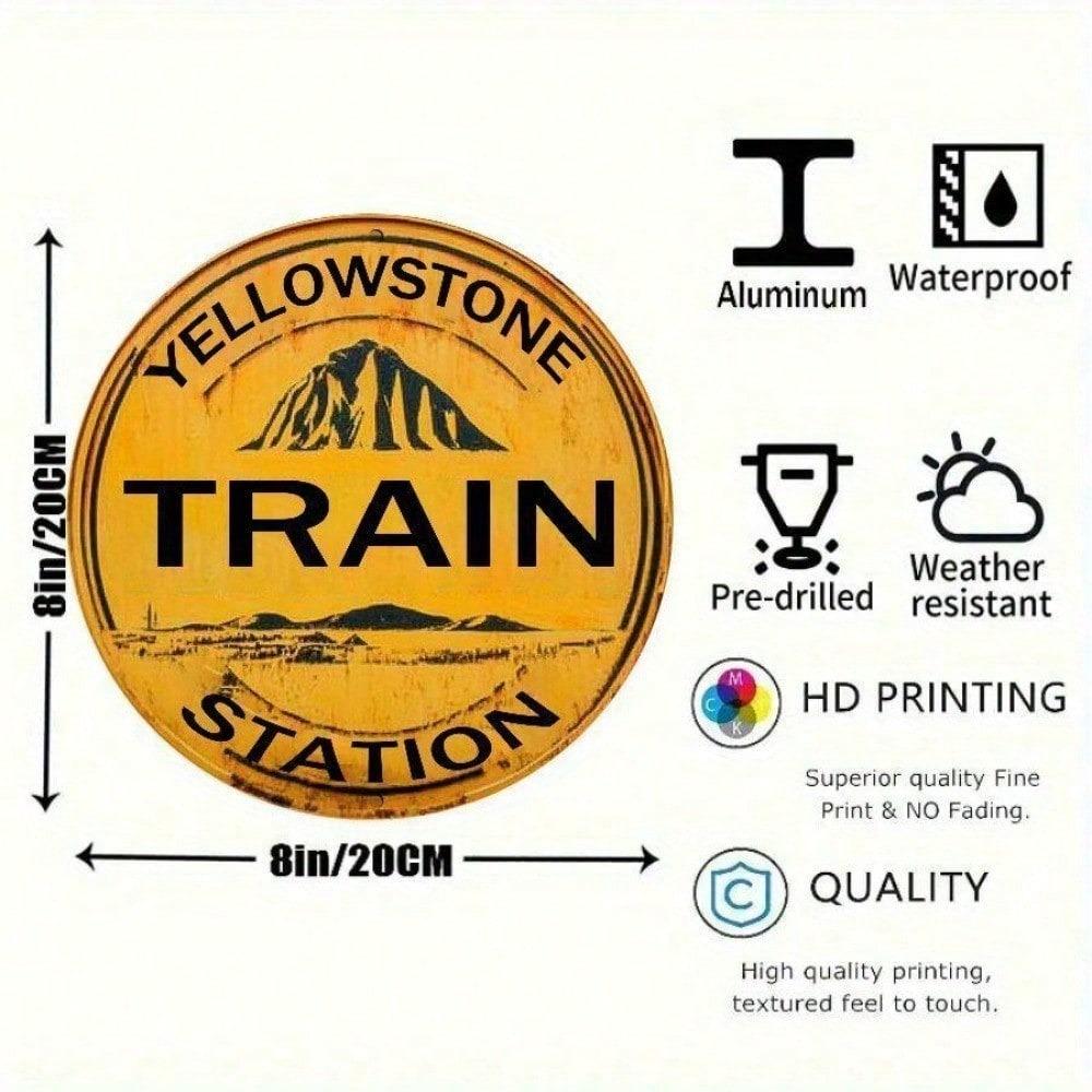 Vintage Round Metal Wall Art, Rustic Yellowstone Train Station Aluminum Sign, Mountain Landscape Decor for Home