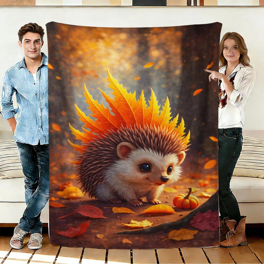 Cute Hedgehog with Autumn Leaves Flannel Blanket Soft Cozy Throws Travel Use