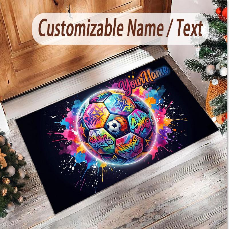 Soccer Theme Soft Crystal Velvet Rug Custom Name & Text Print Non Slip Floor Rug for Bedroom Living Room
