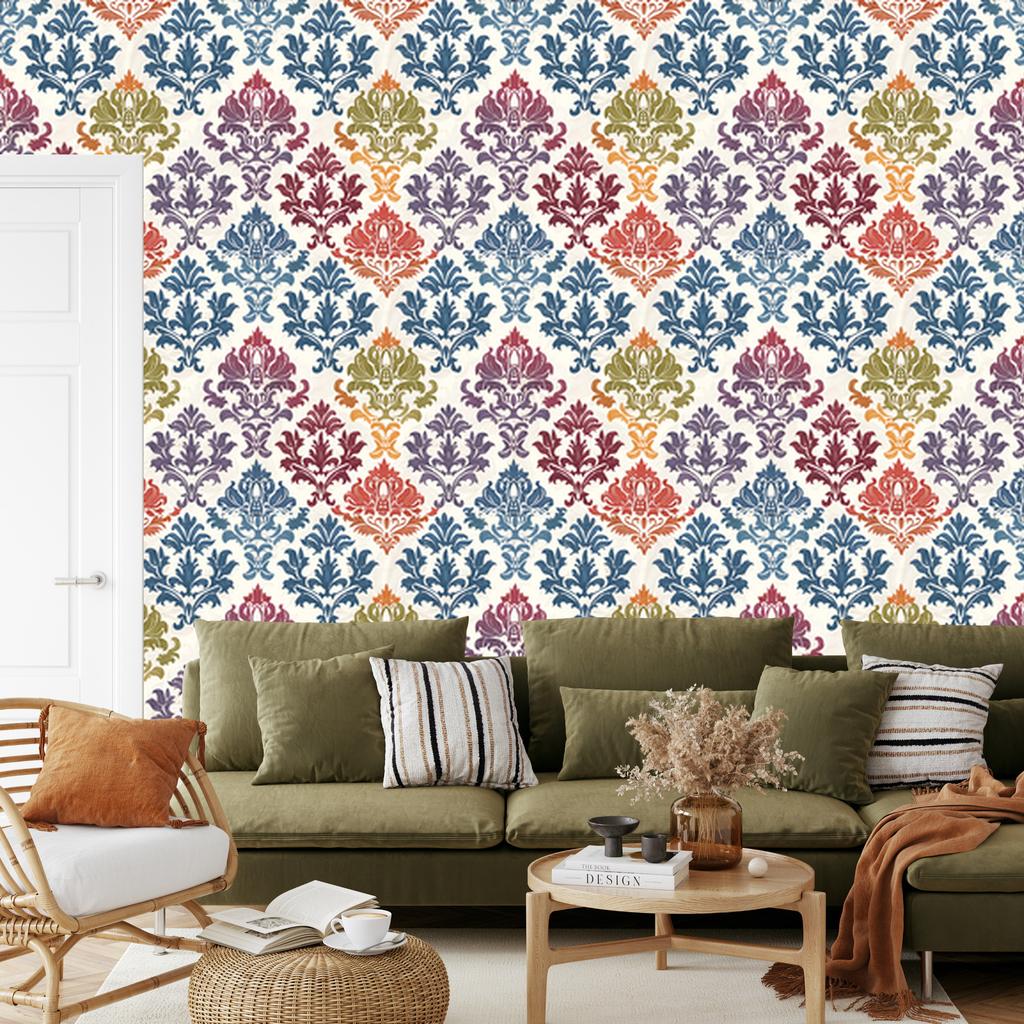 Baroque Damask Wallpaper Blue and Light Gray 50x1000