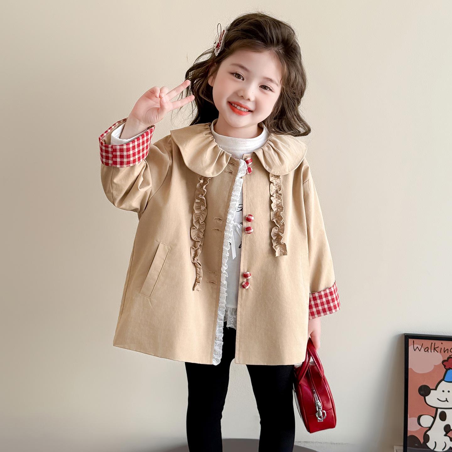 

Тренч в корейском стиле для девочек, осень 2025, с кукольным воротником - модный средней длины 140 cm хаки