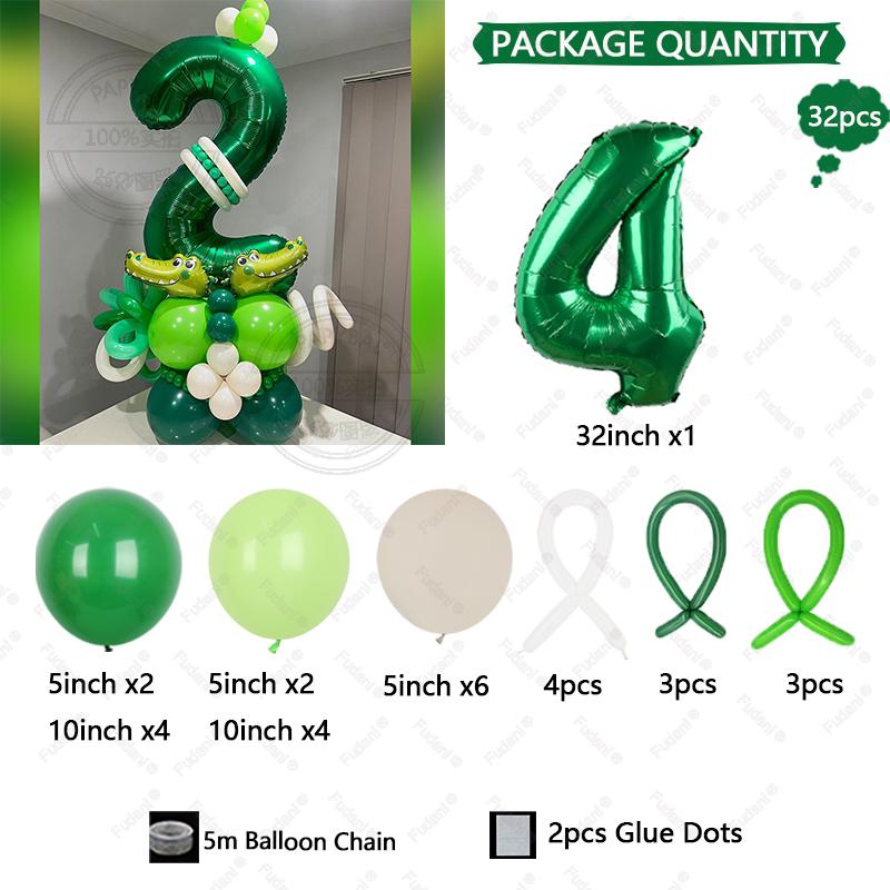 

32Pcs Green Theme Balloon Green Number Birthday Balloon Set Cartoon Animal Theme Party Decoration Children s Baptismal Supplies As The Picture