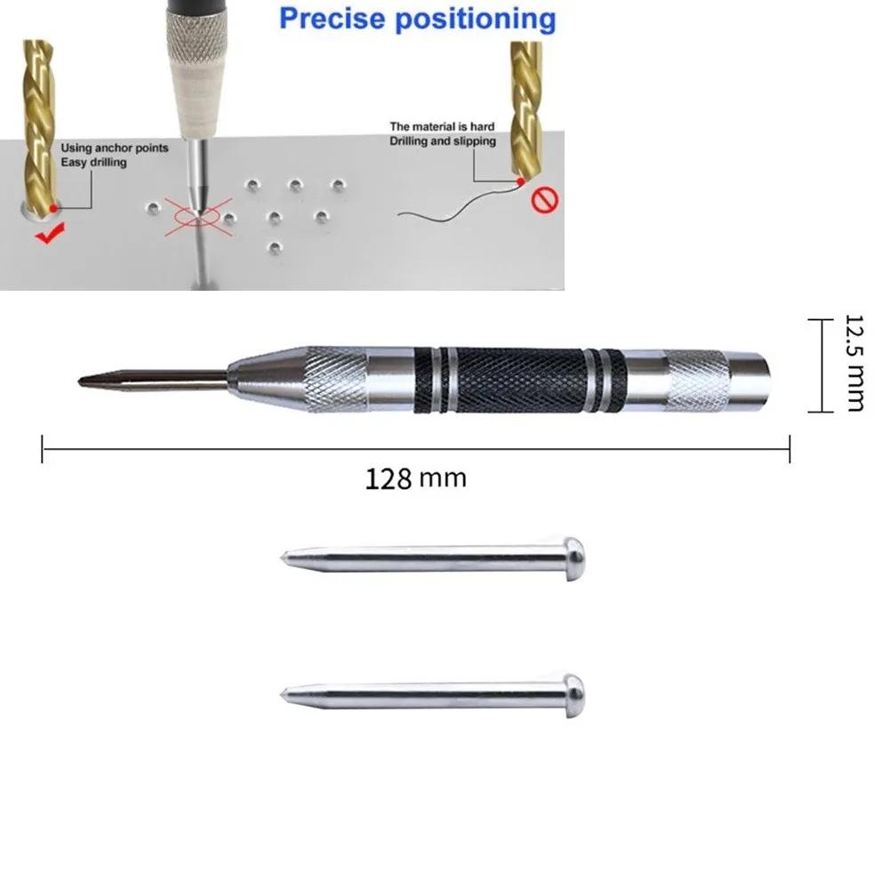 Automatic Center Punch With 2 Pcs Spare Punch Black Silver Dot Punch Spring Loaded Tool Adjustable Woodworking