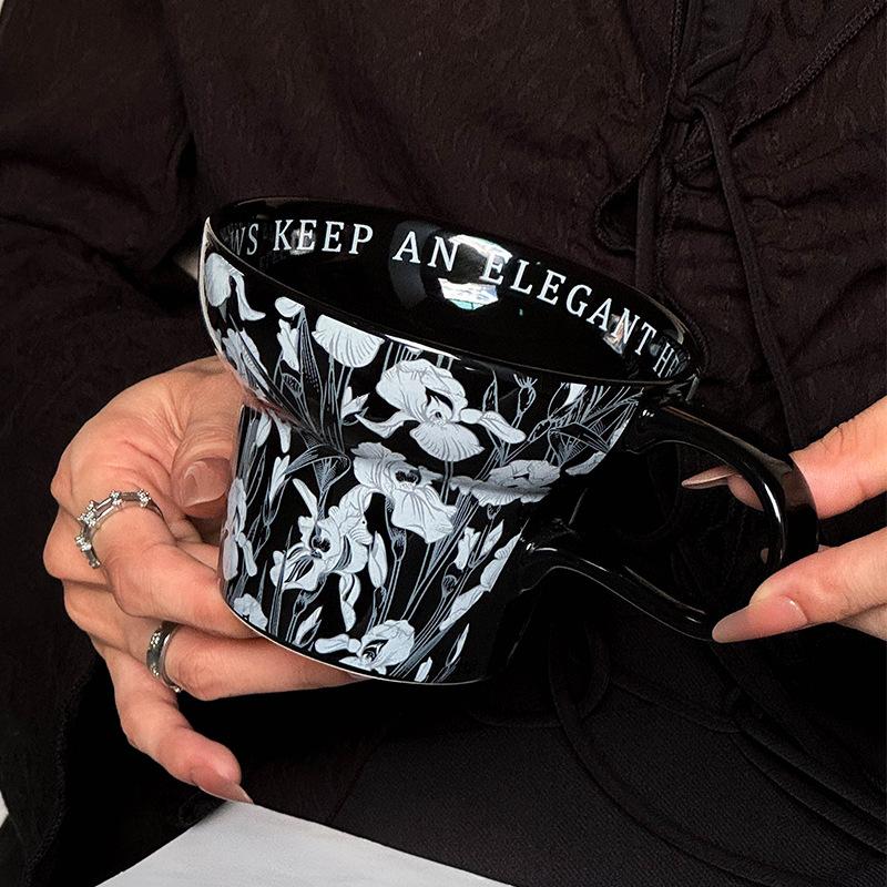 

Кофейная чашка Iris Тихий ветер Широкое горлышко Керамическая чашка для завтрака Дизайн Черная кружка Высокий класс Французский 300ml